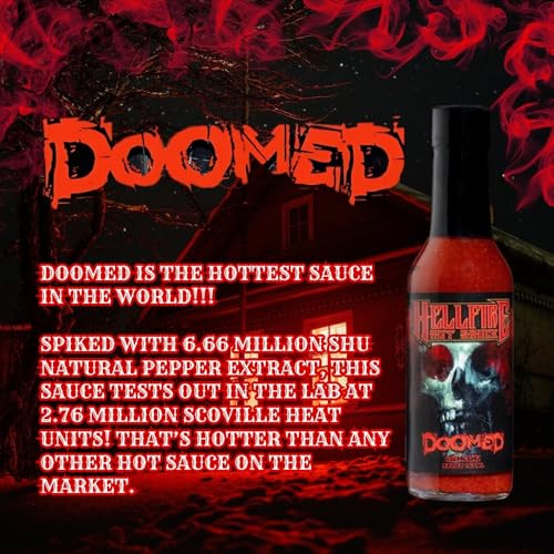 Hellfire Doomed Hot Sauce, Hottest Sauce in the World, Spiked with 6.66 Million SHU Natural Pepper Extract, Lab tested at 2.79 Million SHUs for an EXTREME HEAT Experience, 5 oz.