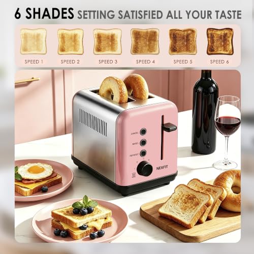 Image of Toaster 2 Slice, Stainless Steel, 6 Shade Settings, 1.5 inch Extra Wide Slots | NEXFIT Retro Toaster with Bagel, Defrost, Reheat & Cancel Functions, 900W, Removable Crumb Tray, High Lift, Cord Wrap, Pink