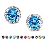 SWEETV Cubic Zirconia Stud Earrings, 8mm Round Cut, Rhinestone Hypoallergenic Earrings for Women-suitable for ages 15+, Lake Blue