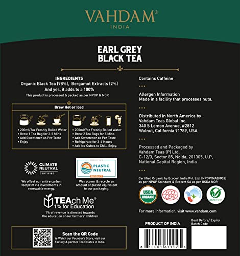 Vahdam, Organic Earl Grey Tea Leaves (100 Tea Bags) Delicious & Aromatic | Black Tea Blended With 100% Natural Bergamot Oil, Brew Iced Tea Or Hot Tea #TOP5