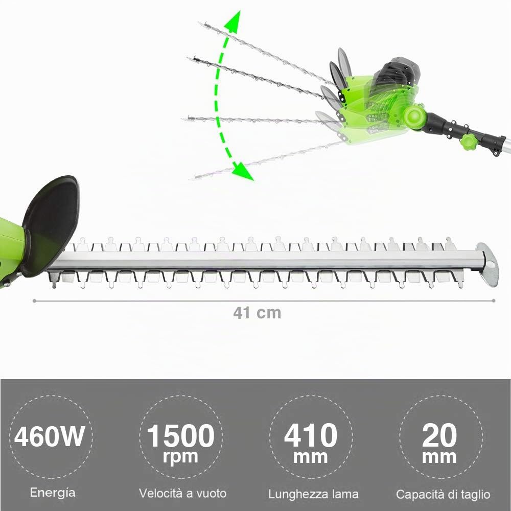 BAKAJI Cortasetos telescópico eléctrico con Varilla Extensible, tamaño setos Hoja 41 cm con inclinación, Hoja Ajustable, Mantenimiento del jardín, cortabordes (460 W hasta 240 cm)