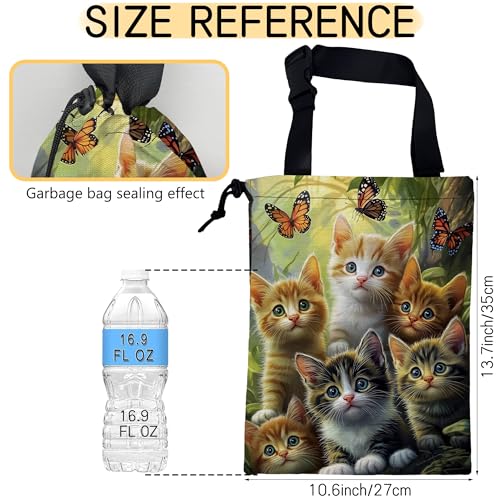 Image of Cute Cats with Butterfly Car Trash Bag, Hanging Drawstring Car Garbage Bag,Canvas Car Back Seat Organizer with Adjustable Buckle for Men and Women