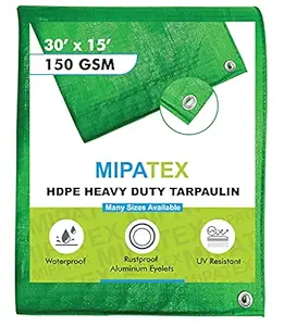 Mipatex Tarpaulin Sheet Waterproof Heavy Duty 30ft x 15ft, Poly Tarp with Aluminium Eyelets Every 3 feet - Multipurpose 150 GSM Plastic Cover for Truck, Home Roof, Rain, Outdoor or Sun (Green/White)