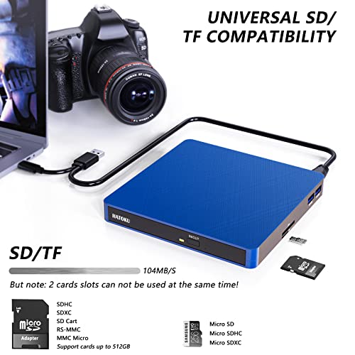 Image of HATOKU External CD /DVD Drive for Laptop (USB 3.0 & USB-C): 8X DVD /24X CD Burner - Portable DVD Player for Laptop - Plug & Play External CD Drive for PC Desktop Windows 11 10 8 7 MacOS Linux (Blue)