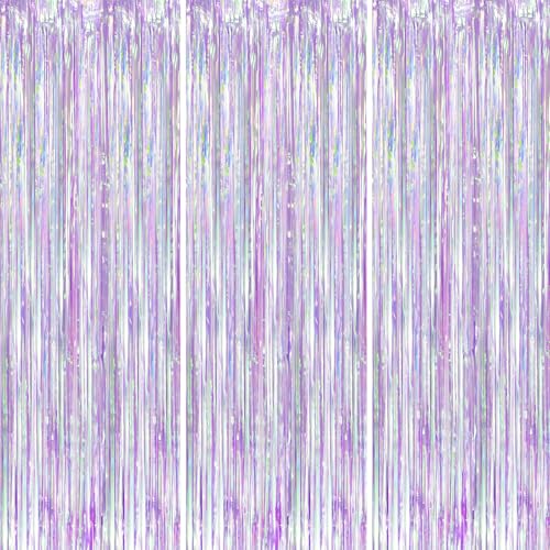 Voircoloria Iridescent Party Backdrop 3Packs, Transparent Tinsel Foil Fringe Curtain Streamers for Girls Birthday, Weddings,Engagement, Mermaid, Unicorn Theme Party Decorations 3.3x8.2ft