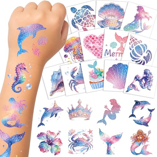 Epuxiael 108PCS Glitter Mermaid Temporary Tattoos for Kids Little Mermaid Birthday Decorations for Under the Sea Party Favors Supplies Accessories Ocean Tattoo Stickers Rewards Gifts for Boys Girls