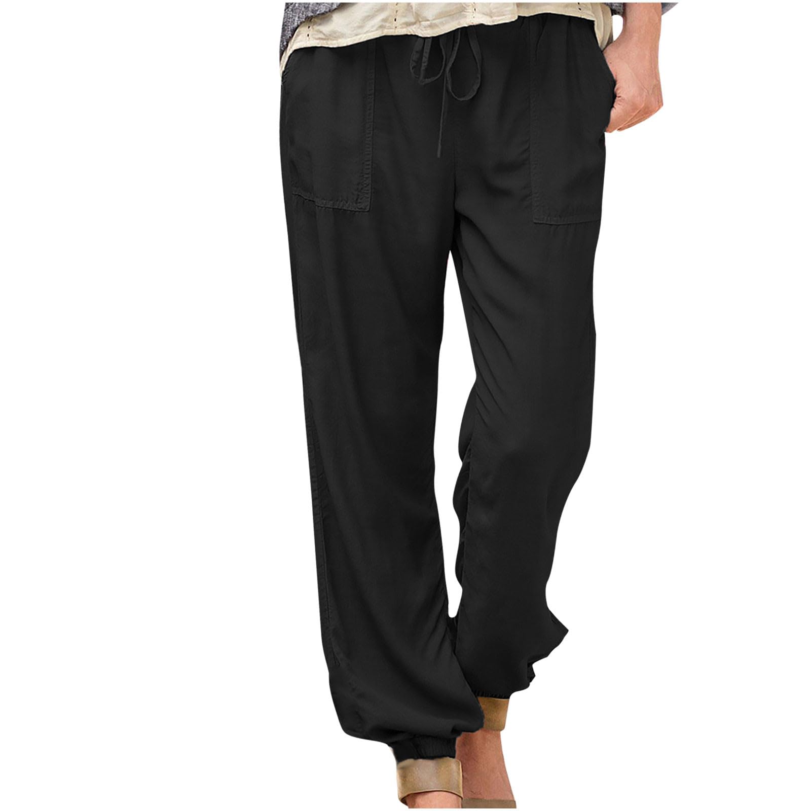 Womens Casual Wide Leg Pants Drawstring Elastic Waist Joggers Summer Wide Leg Bound Feet Trousers with Pockets