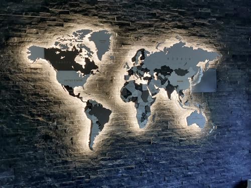 Planisfero in legno 3D con illuminazione led e supporto in plexiglass - Mappa luminosa gigante del mondo da parete, nazioni in rilievo