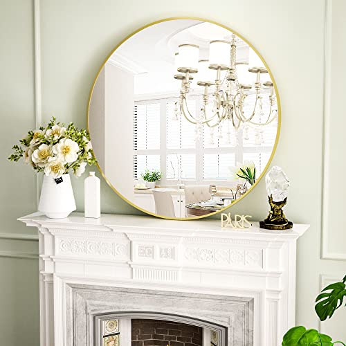 Image of VooBang Round Mirror 19.6 inch Gold Wall Mounted Circle Mirrors Vanity Mirror with Aluminum Alloy Frame Modern Decoration for Bathroom, Living Room, Vanity, Bedroom, Entryway