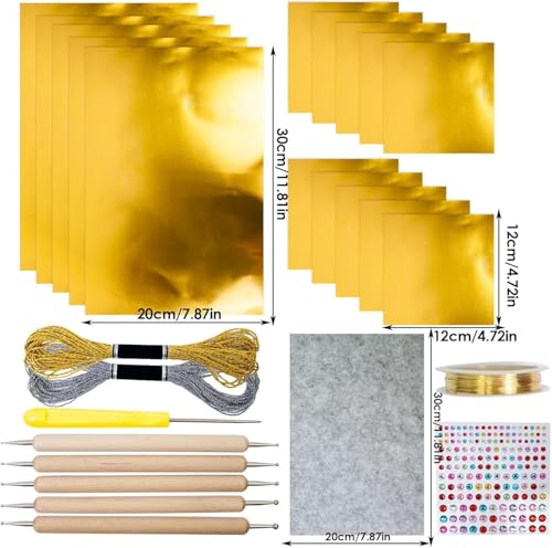 15pcs Gold Craft Foil Sheets, Gold Foil Sheets for Embossing, Decorative Metal Sheet Embossing Tools for Painting Gilding Crafting Decoration,with 2 Rolls Wire, Engraving Tools, Artwork Making Kit