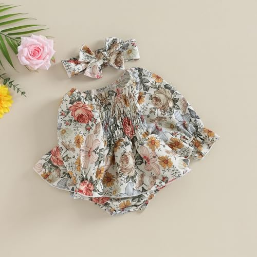 Infant Baby Girl Square-Neck Boho Floral Romper Long Sleeve Ruched Ruffle Jumpsuit Headband Newborn Spring Clothes2