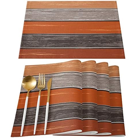 Vandarllin Placemats Set of 4, Retro Rustic Barn Wood Texture Polyester Stain Resistant Table Mats Washable Placemat Decoration for Kitchen Dining Table Ombre Burnt Orange Gray Cover