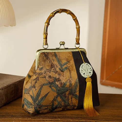 Bamboo Handle Purse for Woman Chinese Retro Bamboo Leaf Print Handbag Tassel Charm Purses Elegant Top Handle Bag4