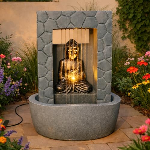 Festive Lights Fontaine solaire LED Bouddha - Gris - Aspect pierre - Fonctionnement solaire et USB...
