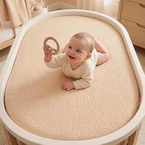 Image of 100% Muslin Baby Bassinet Sheets for Baby Boy Girls,4-Pack Fitted Bassinet Sheets Set Compatible with Halo Bassinest Swivel Sleeper,Baby Delight,Angelbliss,32 inchX16 inch (Pink Butterfly)