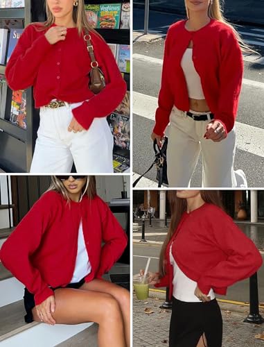 Women Y2K Button Down Sweater Cardigan Cropped Long Sleeve Solid Knit Cardigans Open Front Crewneck Sweater Outwear4