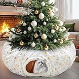 CORALMEE Cat Tunnel Christmas Tree Skirt, Cat Tunnel Bed with Hanging Toy Ball, Foldable Plush Cats Cave Donut Tunnel Christmas Decorations, Kitty Tunnel for Indoor Kitten Rabbit Puppy, White Gilded