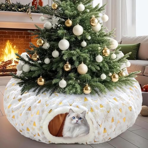 CORALMEE Cat Tunnel Christmas Tree Skirt, Cat Beds for Indoor Cats with Ball Peekaboo Cat Cave, Foldable Plush Kitten Donut Tunnel Interactive Pet Toy for Felines Gift and Small Animals, White Gilded