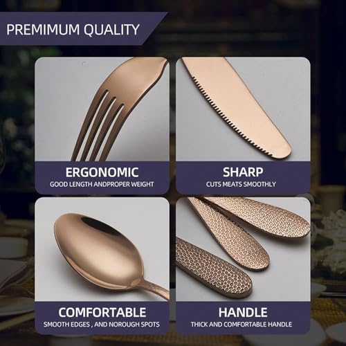 Image of Hammered Rosegold Silverware Set | 20-Piece Premium Stainless Steel Flatware Set | Dishwasher Safe Cutlery Set for Home, Restaurant & Gifting