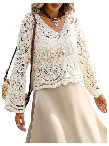 GORGLITTER Women's Boho Cardigan Crochet Lightweight Sheer Long Sleeve Button Up Fall Trendy 2025 Kimono Top