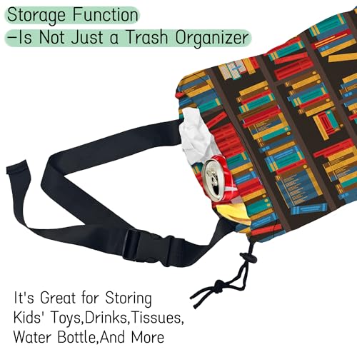 Image of Bookshelves Car Trash Bag,Multicolored Book Hanging Drawstring Car Garbage Bag,Waterproof Canvas Car Back Seat Organizer with Adjustable Buckle,for Vehicles,SUVs,Camping,Road Trips