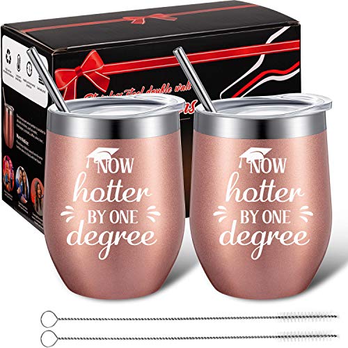 2 Pieces Graduation Tumbler, Now Hotter By One Degree Mugs for College and High School Graduates, 12 oz Stainless Steel Wine Tumbler with Lid, Straw, Cleaning Brush and Box