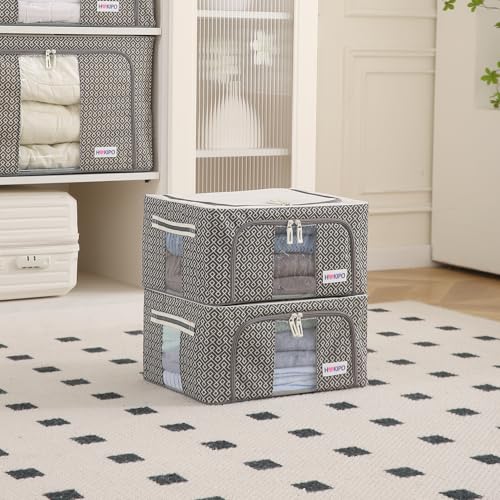Image of HOKIPO Wardrobe Organizer Storage Box | Foldable Cloth Storage Boxes with Metal Frame & Window | 600D Oxford Fabric | 24L, Pack of 2 Charcoal Grey (AR-5927-CGRY*2)