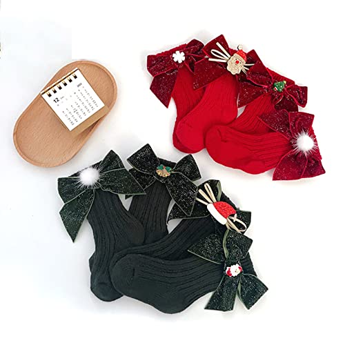 Christmas Baby Girls Knee High Socks with Bows Xmas Long Tube Ruffled Stockings Infant Toddler Ribbed Knit Socks3