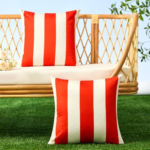 Image of Allorry Outdoor Pillow Covers 18x18 Set of 2 Orange Red Striped Decoration Throw Pillow Covers for Spring Summer Outdoor Waterproof Garden Patio Furniture Sofa Bed Home Decor JB007-G18