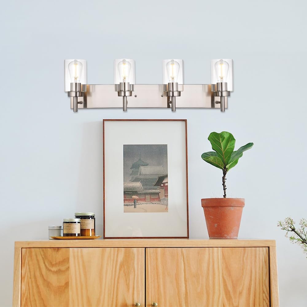 VINLUZ 4 Lights Bathroom Vanity Light Fixture Brushed Nickel Sconces Wall Lighting Modern Industrial Indoor Wall Mounted Lamp for Kitchen Dining Room (Patent No.: US D958,438 S)
