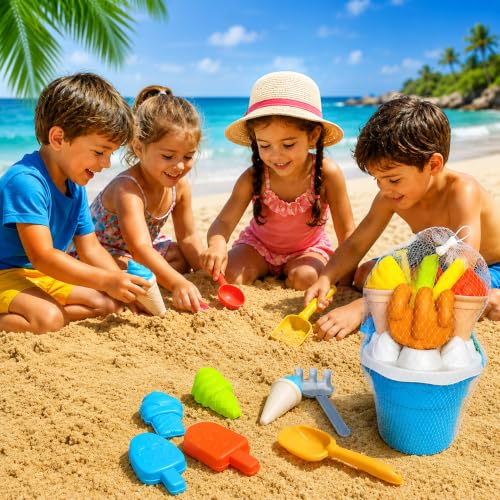 Image of WISHKEY Beach Toys for Kids 10 Pcs Ice Cream Beach Set, Sand Bucket & Molds with Shovel, Rake & Scoop, ABS Plastic Sand Toy Set for Boys & Girls, Beach, Sandbox & Outdoor Play, 18+ Months