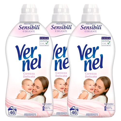 Vernel Carezza Delicata - Suavizante concentrado para lavadora, hipoalergénico, sin colorantes, para pieles sensibles, perfumado, 46 lavados, 3 botellas de 1,15 litros