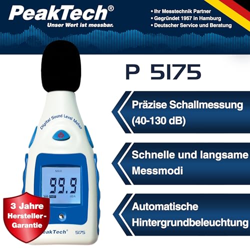 PeakTech P 5175 Digital Schallpegelmessgerät 30-130 Db in A-Bewertung, 1/2 Zoll Mikrofon, Klasse 2, Lärmmessung, 1 Stück