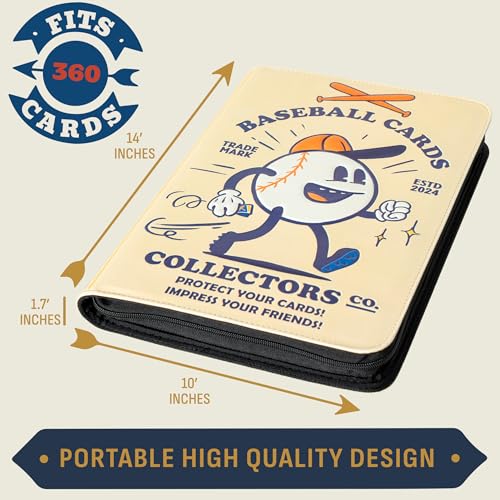 Image of Baseball Card Binder - 9 Pocket Album w Zipper - 360 Side Loading Sleeves Book for Baseball Trading Cards - 3D PU Leather with Vintage Design - Works with Topps, Bowman, Panini...