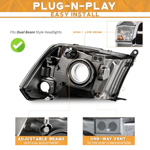 WEELMOTO Headlight Compatible with 2009-2012 Dodge Ram 1500/2010-2012 Dodge Ram 2500 3500 (Does NOT fit Quad Beam Headlight Models) Replacement Chrome Housing Amber Reflector - Image 6