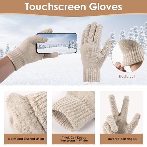 Women Winter Knit Warm Hat Beanie Gloves Set Pom Fleece Lined Hat with Touchscreen Gloves3