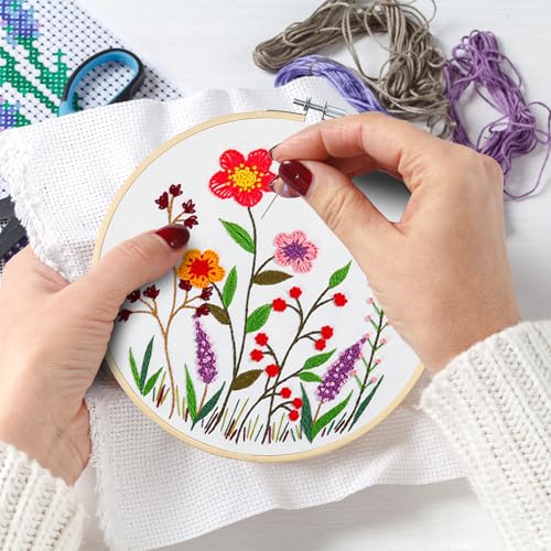 Image of 4 Pack Embroidery Kit for Beginners, Adults Cross Stitching DIY Starter Kits with Flower Printed Patterns, 2 Bamboo Embroidery Hoop, Color Threads, Needle Tool, Instructions, Gift for Hand Craft Lover