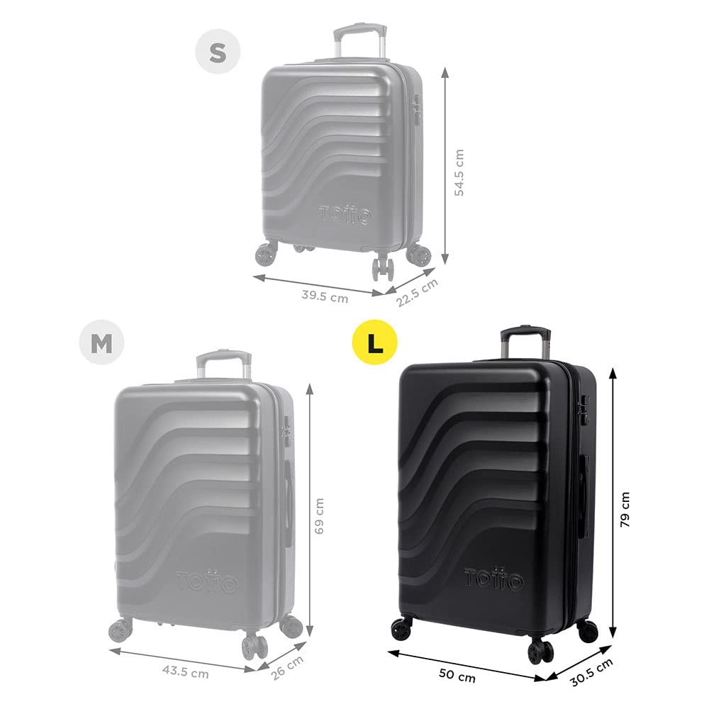 TOTTO - Maleta Rígida Grande, Modelo Bazy+, 50 x 79 x 30.5 cm, Capacidad 100 L, Expandible, Alta Resistencia a Impactos, Ruedas 360º, Manija Telescópica, Correas Internas, Candado TSA, Color Negro