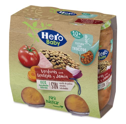 Hero Baby Tarritos de Verduras con Lentejas y Jamón Trocitos para bebés a partir de 10 meses, Pack de 2x235gr