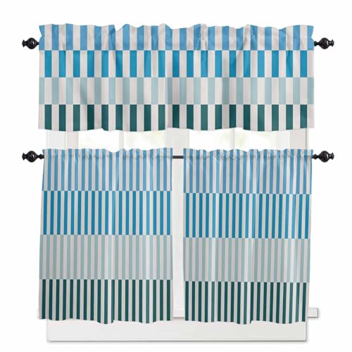 Colorful Stripe Kitchen Curtains 36 Inch Length,3 Piece Rod Pocket Small Half Tiers and Valance Set,Modern Teal Blue Green Vertical Striped Small Large Window Treatment Decor for Bedroom/Bathroom