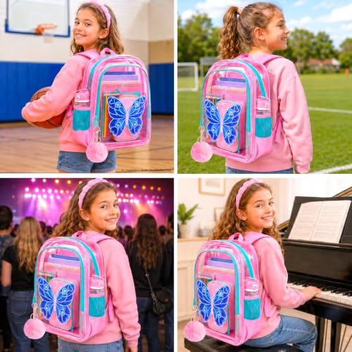 Image of WZLVO Kids Clear Backpack for Girls with Fluttering Wings, 16 inch Heavy Duty PVC Transparent Bookbag with Frame Reflective Strip, Cute See Through School Bags for Elementary Preschool - Butterfly Pink