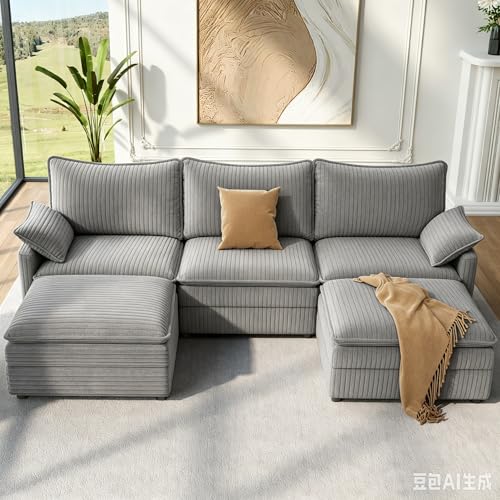 Image of Vesgantti U Shaped Sectional Couch with Ottoman Corduroy for Living Room, Dark Gray