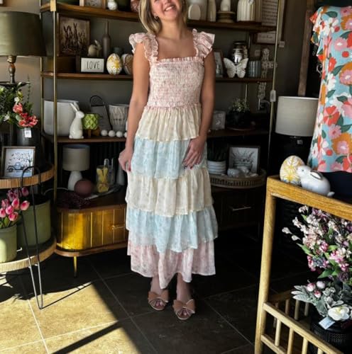 Image of Y2k Patchwork Floral Maxi Dress Boho Flowy Ruffle Tiered Summer Dress Cute Beach Smocked Long Sundresses for Women