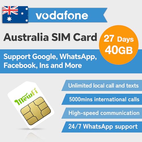 Australia SIM Card – Vodafone 40GB Data for 27 Days, Unlimited Calls & SMS + 500 Mins International Calls – Easy Activation & 24/7 Whatsapp Support, 4G High-Speed Communication, for Unlocked Phones