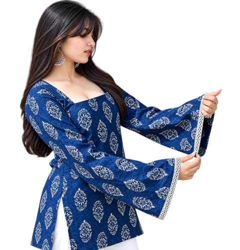 Image of Women Pure Cotton Floral Printed Short Kurti | Square Neck | Full Sleeves | Stylish Ethnic Kurta | Back Tie-Up | Casual Wear Kurta
