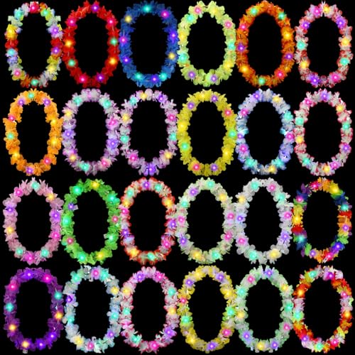 Sherr 24 Pcs LED Leis Light up Wedding Hawaiian Leis Flower Necklace with LED Lights Beach Tropical Carnival Party Wedding Supplies Luau for Masquerade(Summer Color)