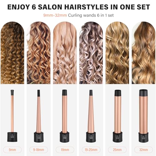 Foto von 9-32mm Lockenstab mit Verschiedenen Aufsätzen - janelove 6 in 1 Lockenstab für Große Locken und Kleine Locken, 80°C-230°C Lockenstäb set für Kurze Haare mit Handschuhe & Nylontasche (Gold)