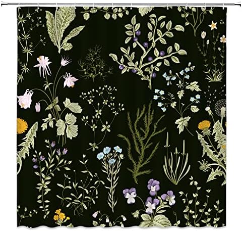 UEAUUN Black Floral Shower Curtain Watercolor Flower Herbal Plant Green Leaves Wildflower Herbs Vintage Natural Fabric Bathroom Curtains Decor Set with Hooks
