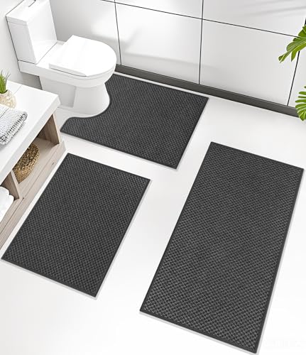 YIHOUSE Bathroom Rugs, Ultra Thin Bath Mat, Set of 3, Non-Slip, Quick Dry Absorbent, Machine Washable Bath Mat Set for Bathroom Floor, Dark Gray