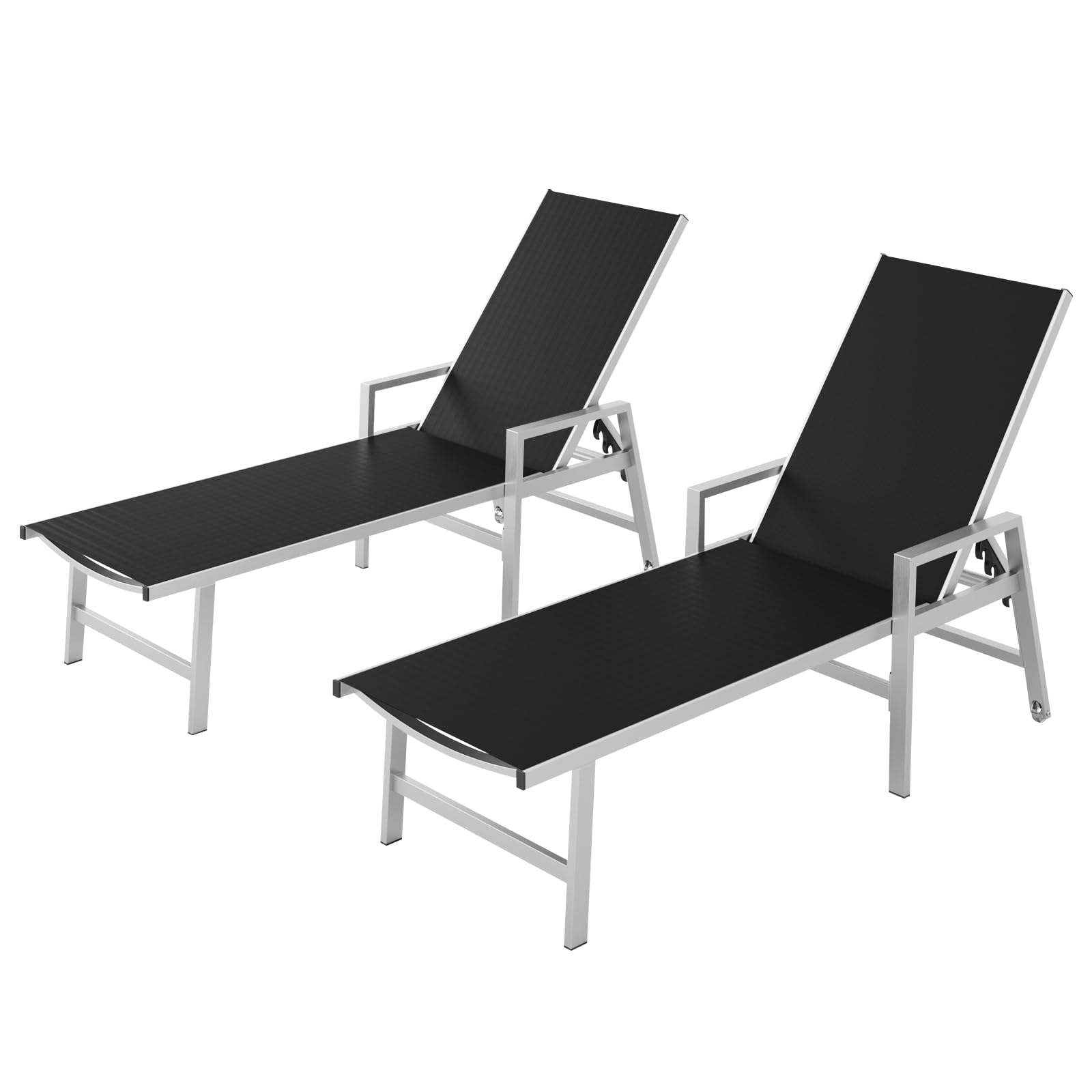Patio Chaise Lounge Chair Outdoor with Wheels&Armrests, Aluminum Pool Lounge Chairs Set of 2 Five-Position Adjustable Recliner, Outdoor Beach Lounge Chairs for Poolside, Patio, Deck, Garden, Black